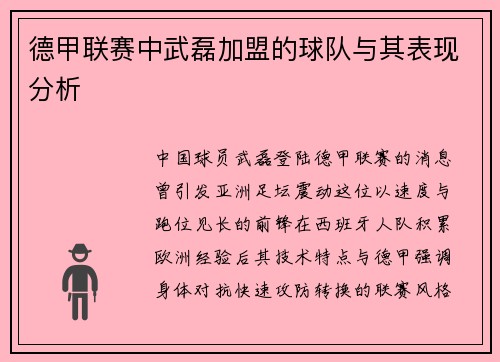 德甲联赛中武磊加盟的球队与其表现分析